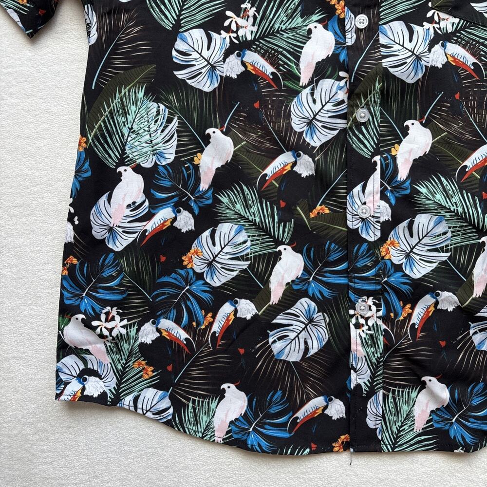 Tunevuse Tropical Bird Print Button Down Shirt Mens Size Medium Black Floral - Picture 5 of 12